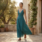 Pine Green Cotton Linen Deep V-Neck Cami Maxi Dress