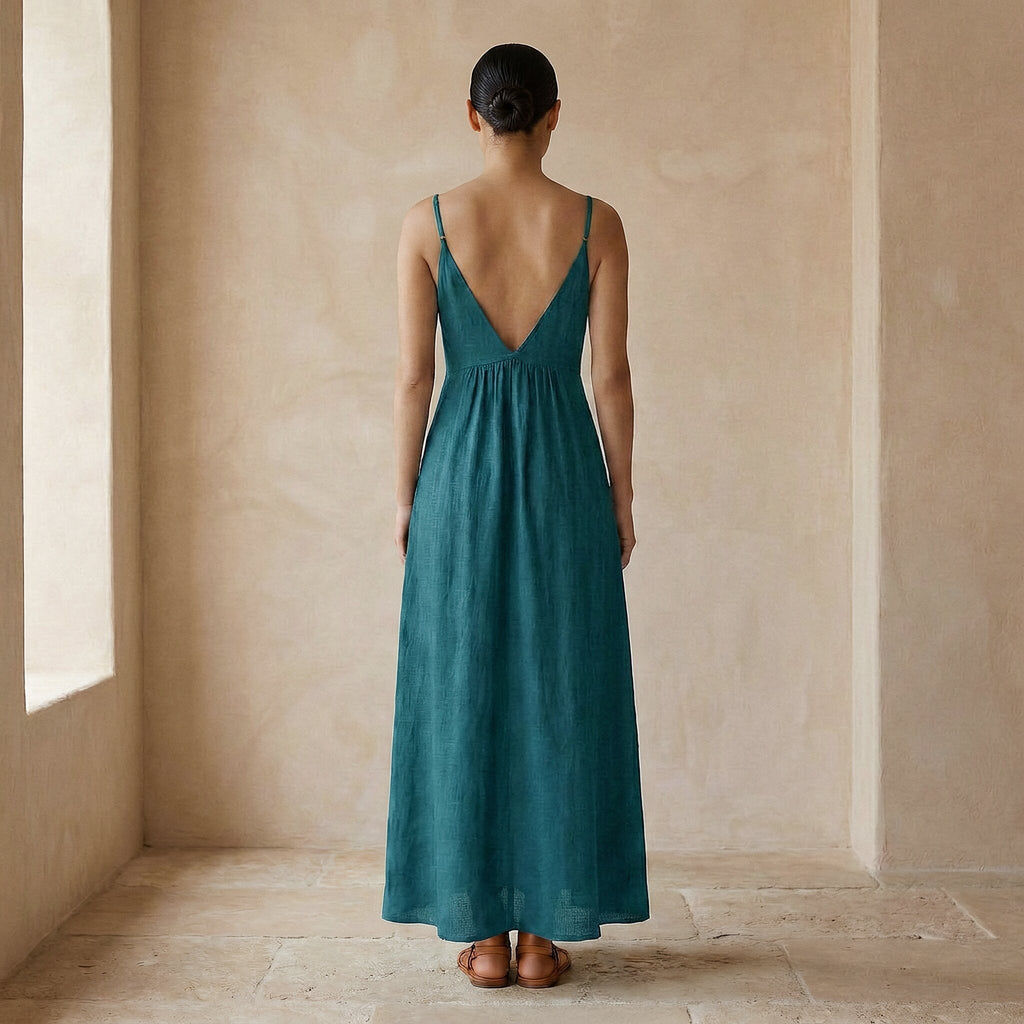 Pine Green Cotton Linen Deep V-Neck Cami Maxi Dress