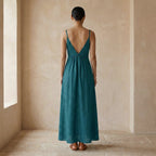 Pine Green Cotton Linen Deep V-Neck Cami Maxi Dress