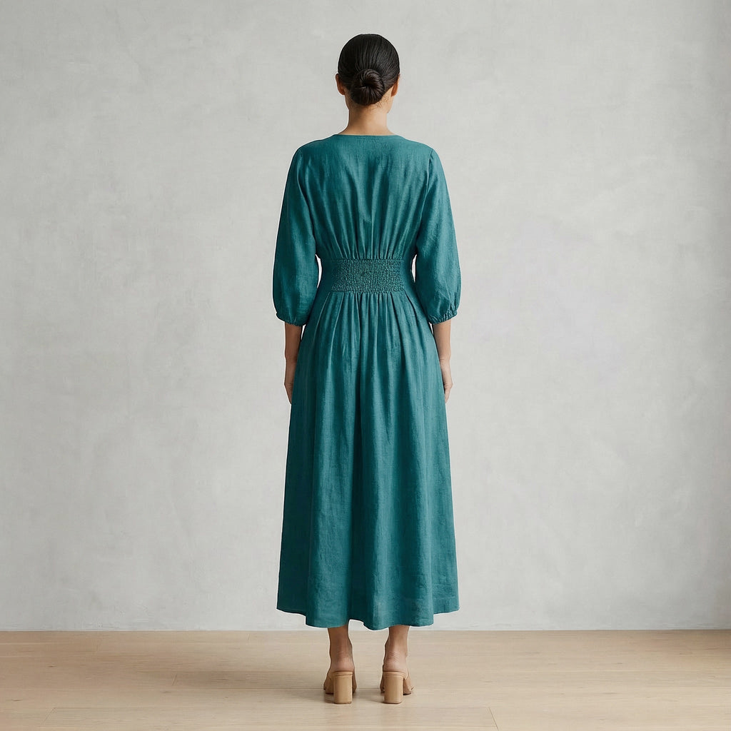 Pine Green Cotton-Linen Deep-V Neck Empire Waist Maxi Dress