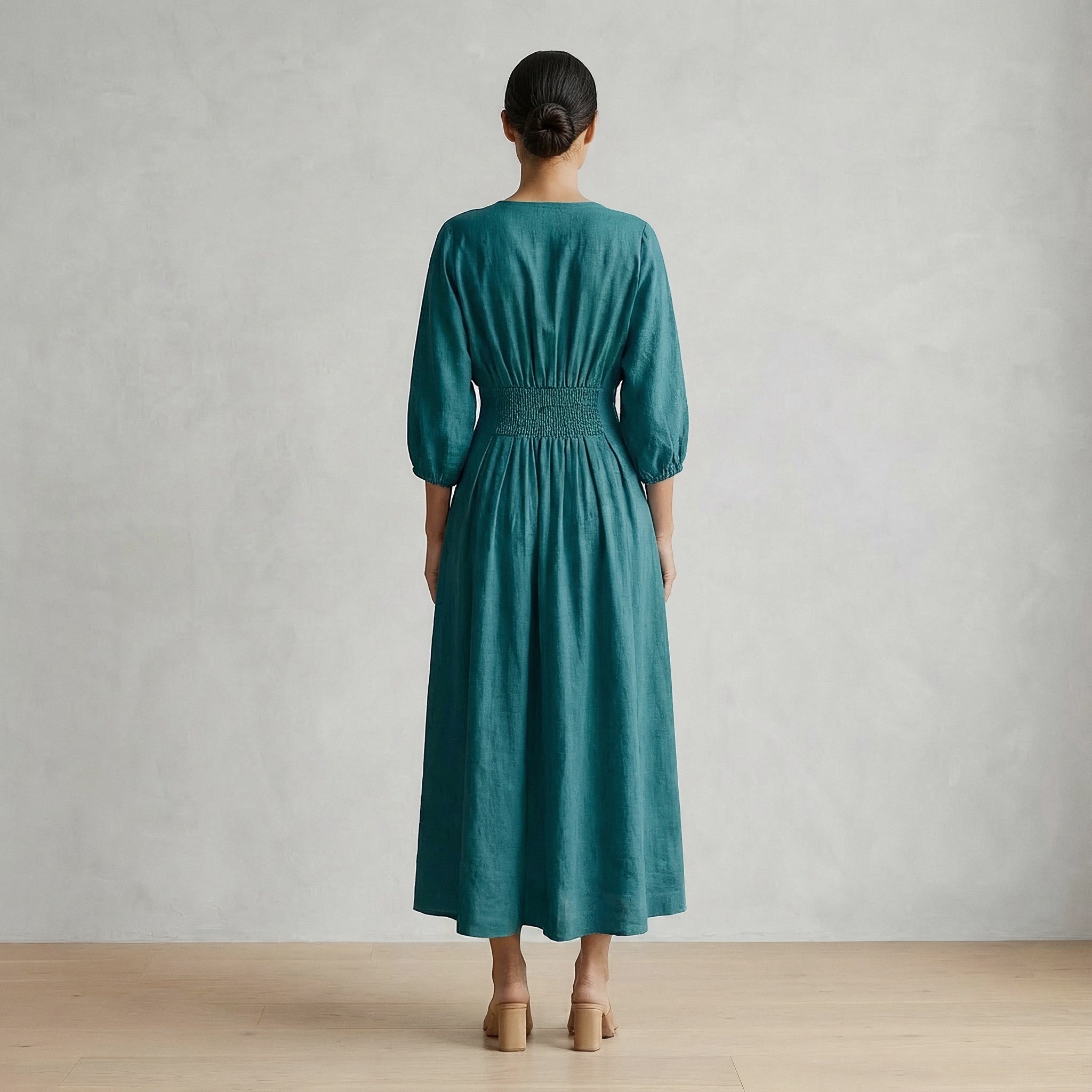 Pine Green Cotton-Linen Deep-V Neck Empire Waist Maxi Dress