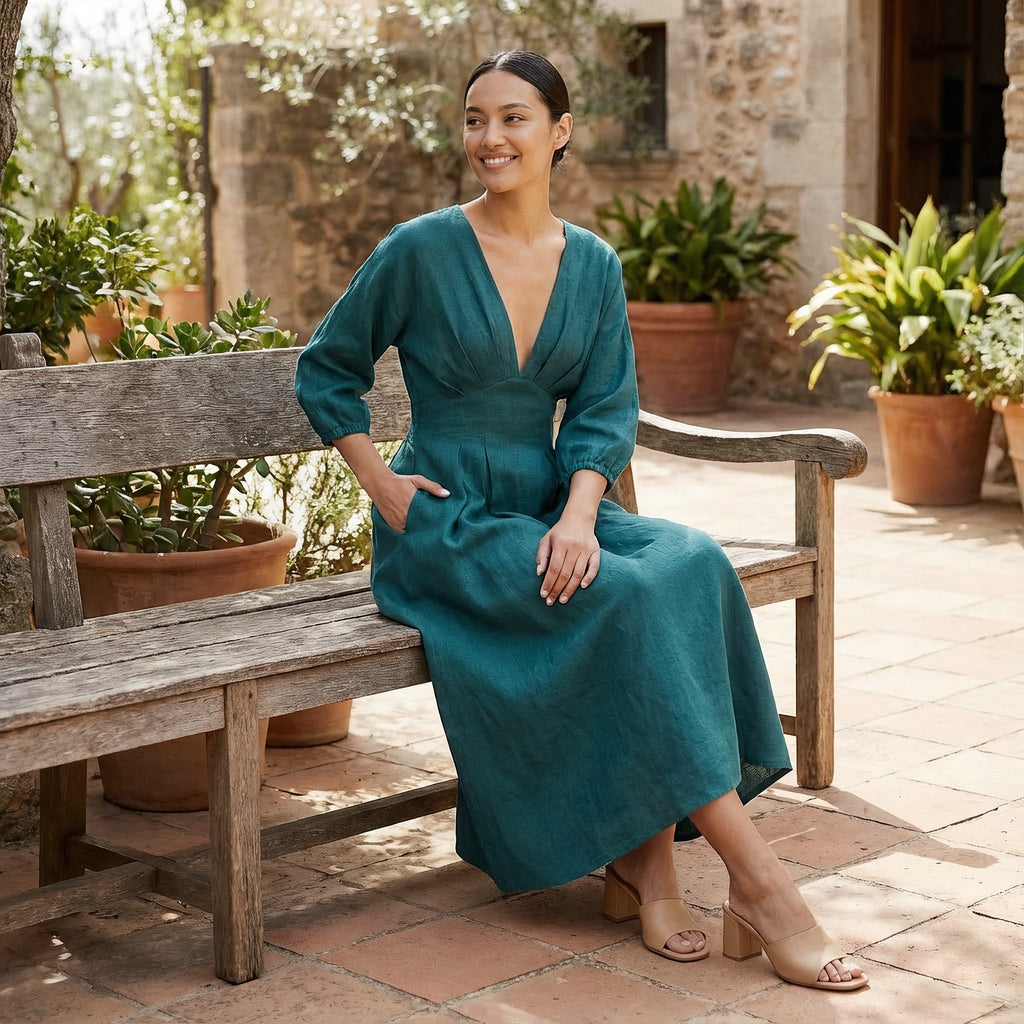 Pine Green Cotton-Linen Deep-V Neck Empire Waist Maxi Dress