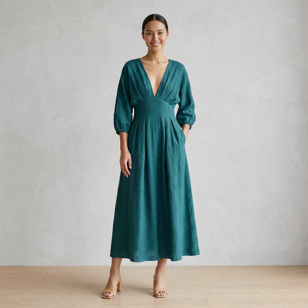 Pine Green Cotton-Linen Deep-V Neck Empire Waist Maxi Dress