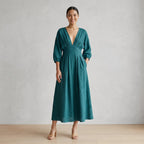 Pine Green Cotton-Linen Deep-V Neck Empire Waist Maxi Dress