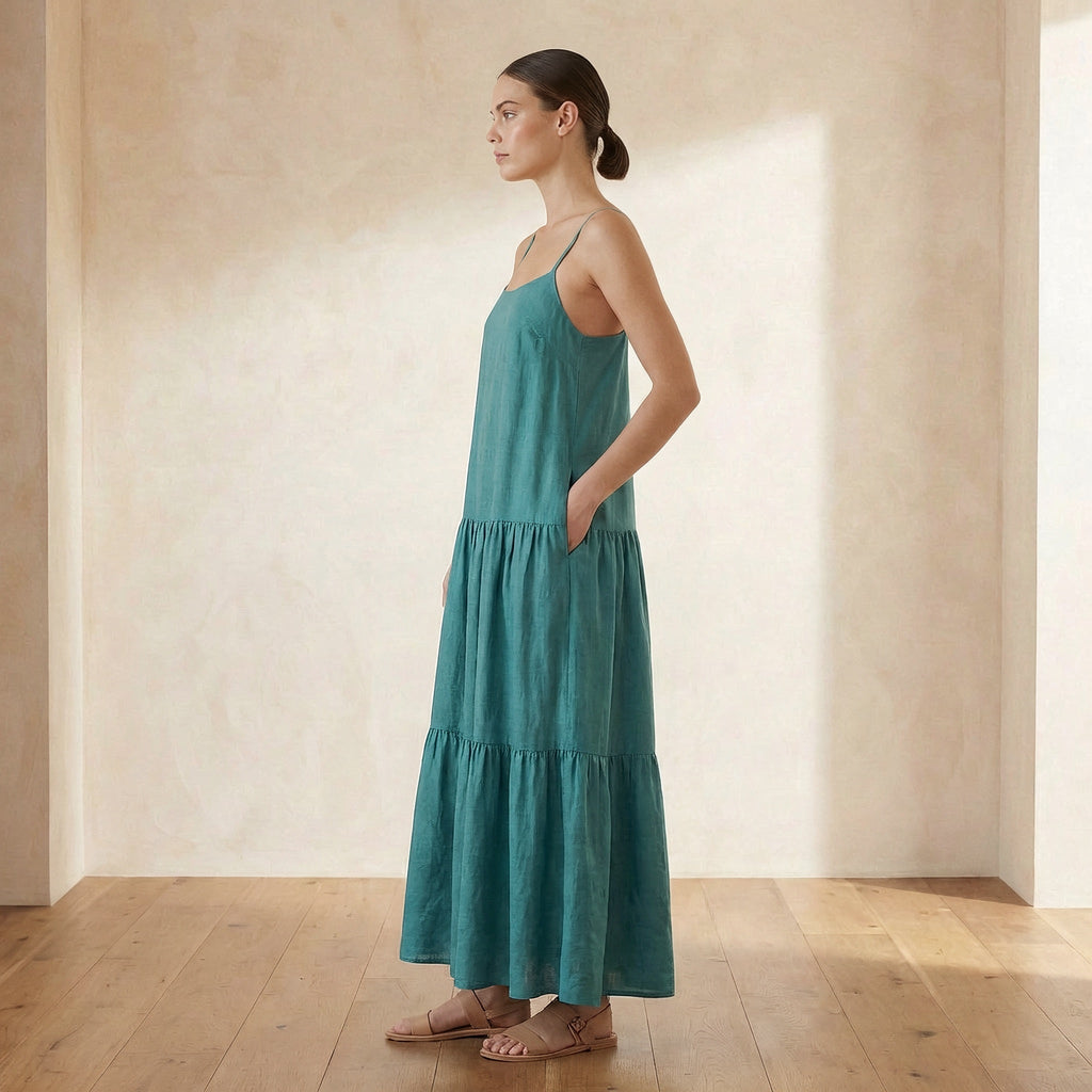 Pine Green Cotton Linen Drop-Waist Camisole Maxi Tier Dress