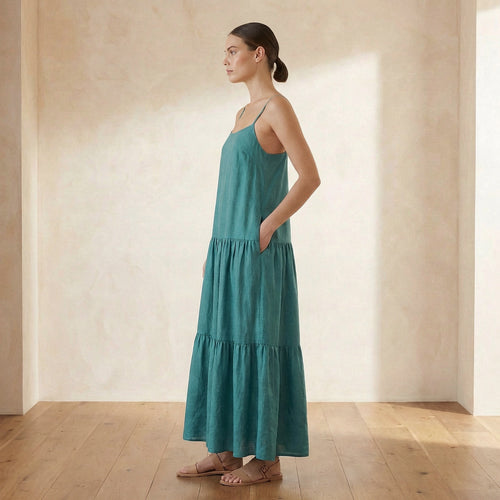 Pine Green Cotton Linen Drop-Waist Camisole Maxi Tier Dress