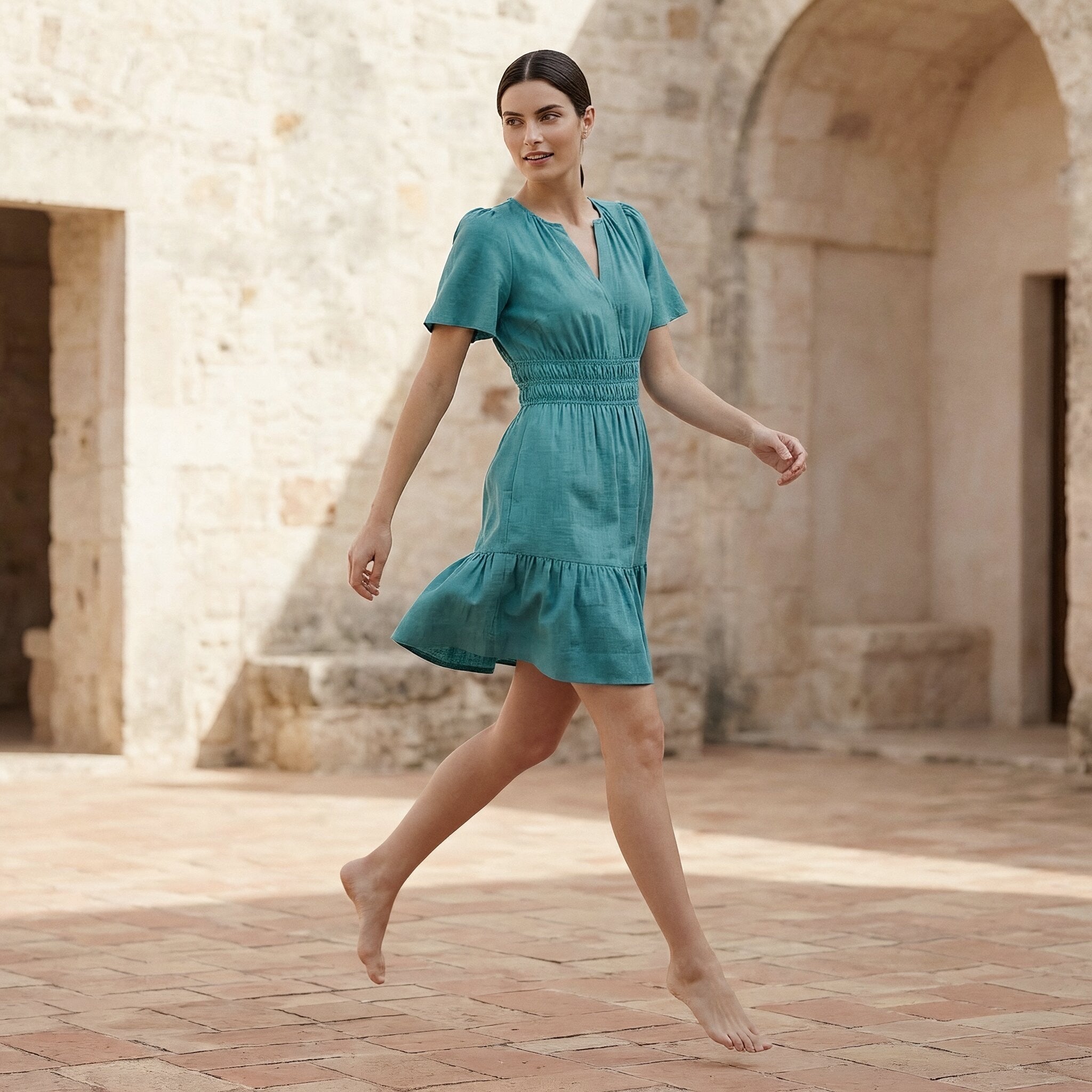 Pine Green Cotton Linen Elasticated Short Tier Dress
