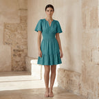 Pine Green Cotton Linen Elasticated Short Tier Dress