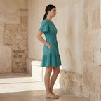Pine Green Cotton Linen Elasticated Short Tier Dress