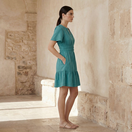 Pine Green Cotton Linen Elasticated Short Tier Dress