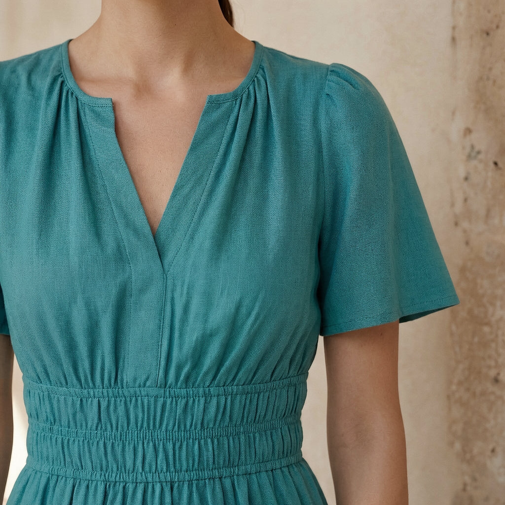 Pine Green Cotton Linen Elasticated Short Tier Dress