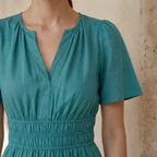 Pine Green Cotton Linen Elasticated Short Tier Dress
