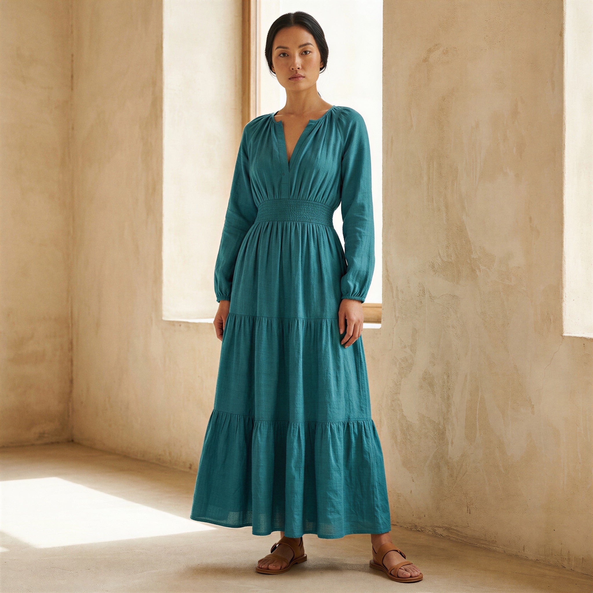 Pine Green Cotton Linen Fit and Flare Maxi Tier Dress