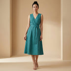 Pine Green Cotton Linen Fit and Flare Sleeveless Dress