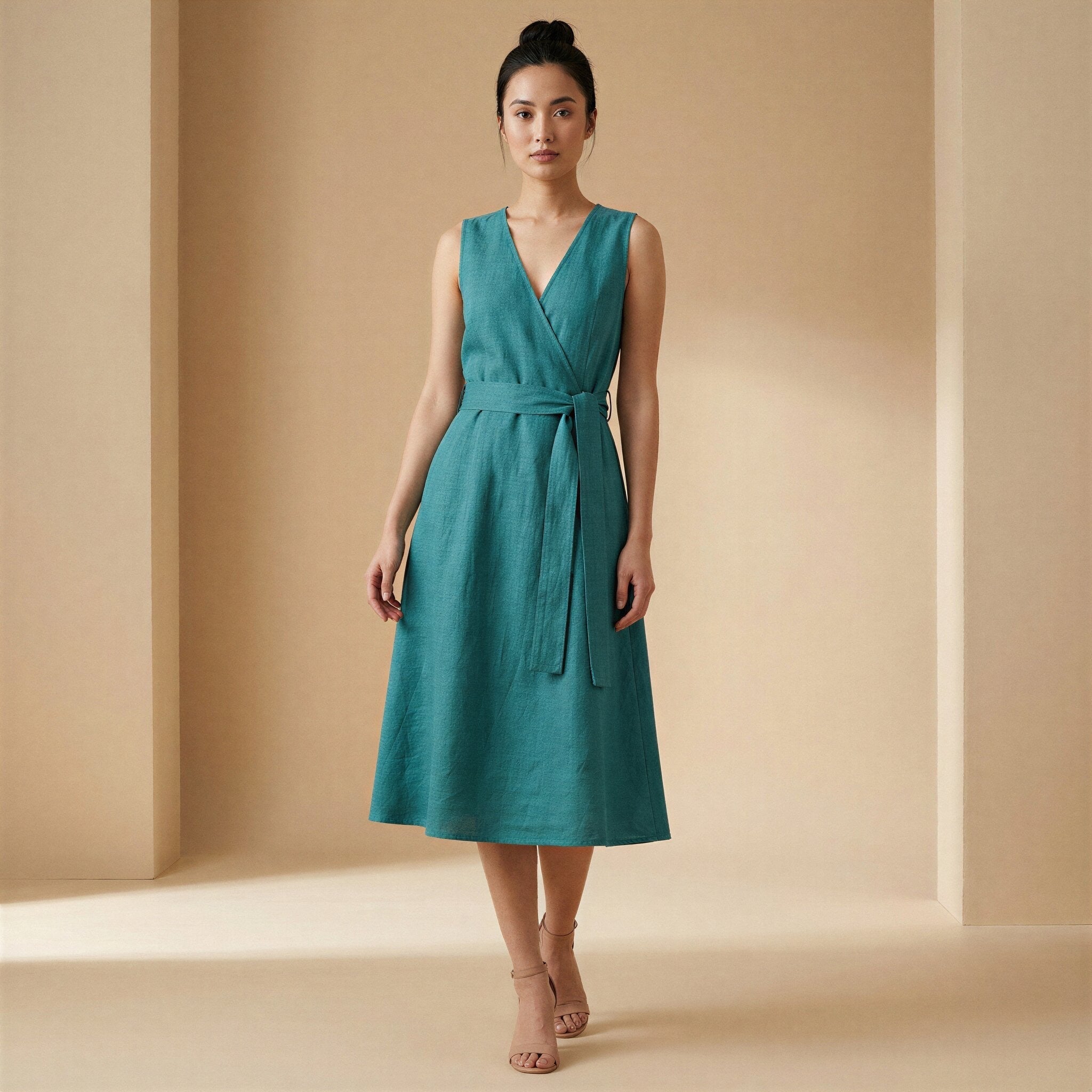 Pine Green Cotton Linen Fit and Flare Sleeveless Dress