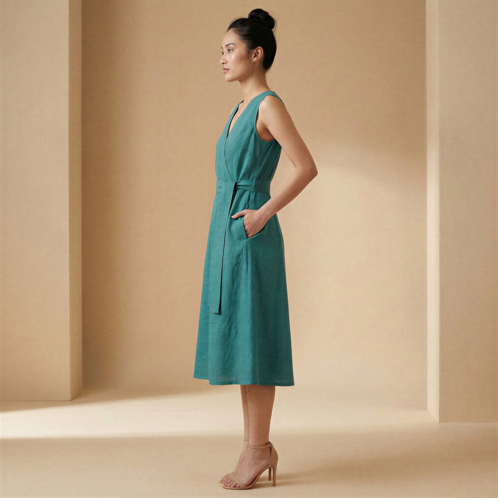 Pine Green Cotton Linen Fit and Flare Sleeveless Dress