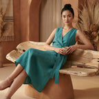Pine Green Cotton Linen Fit and Flare Sleeveless Dress