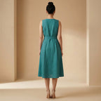 Pine Green Cotton Linen Fit and Flare Sleeveless Dress