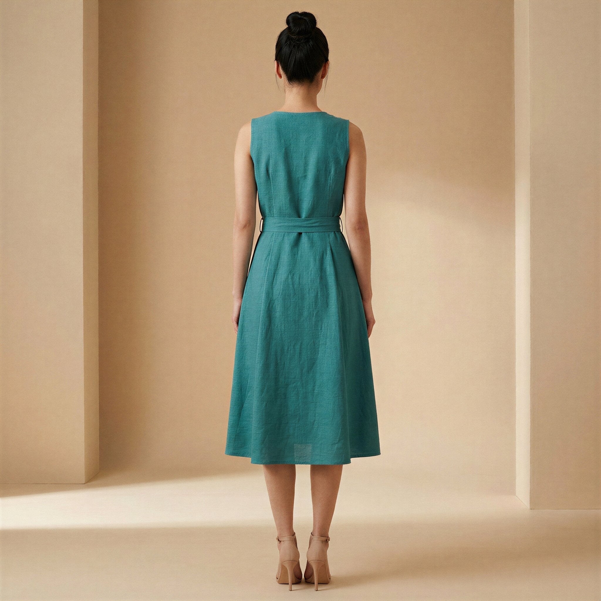 Pine Green Cotton Linen Fit and Flare Sleeveless Dress