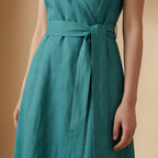 Pine Green Cotton Linen Fit and Flare Sleeveless Dress