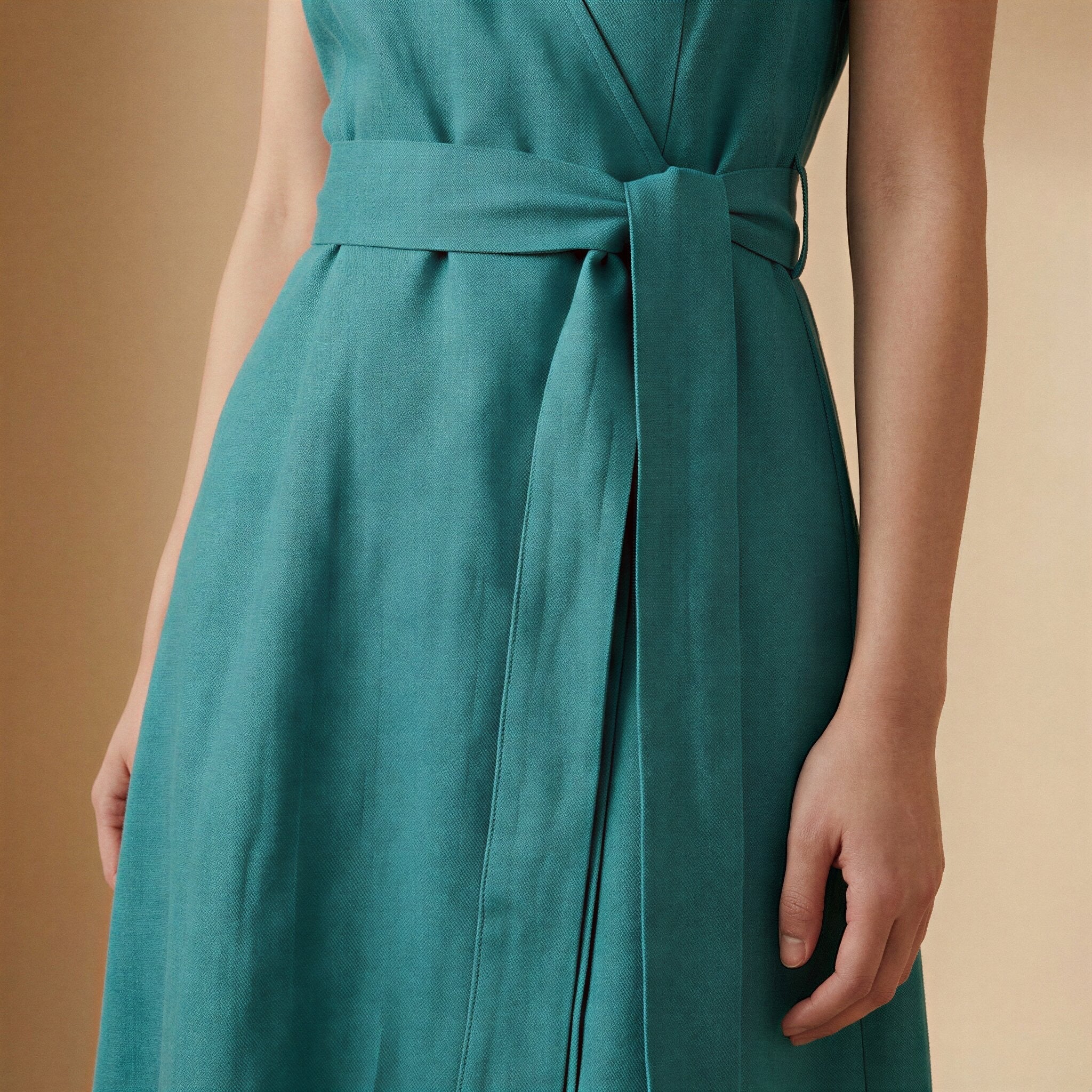 Pine Green Cotton Linen Fit and Flare Sleeveless Dress