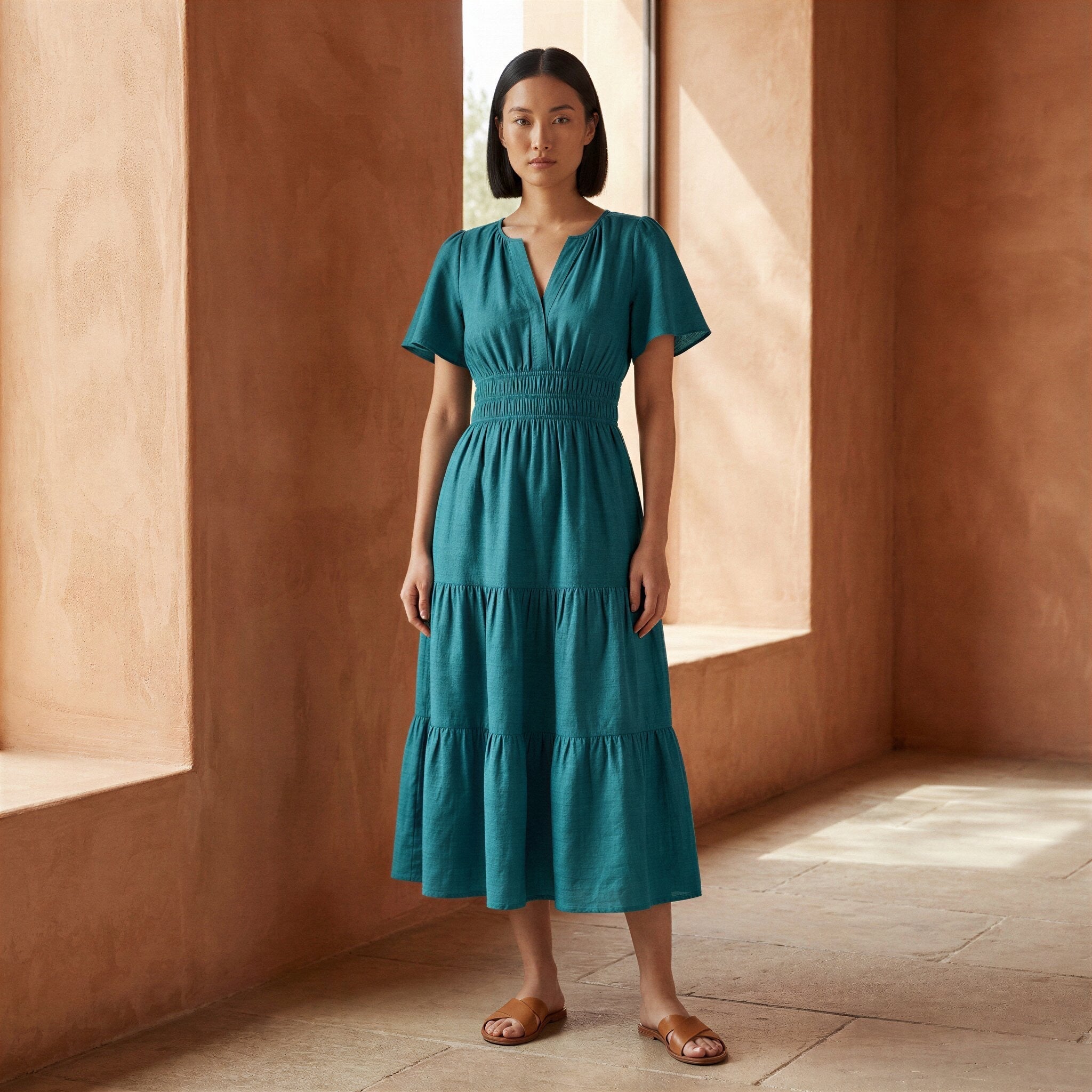 Pine Green Cotton Linen Flutter Sleeve Tie-Back Tiered Midi Dress