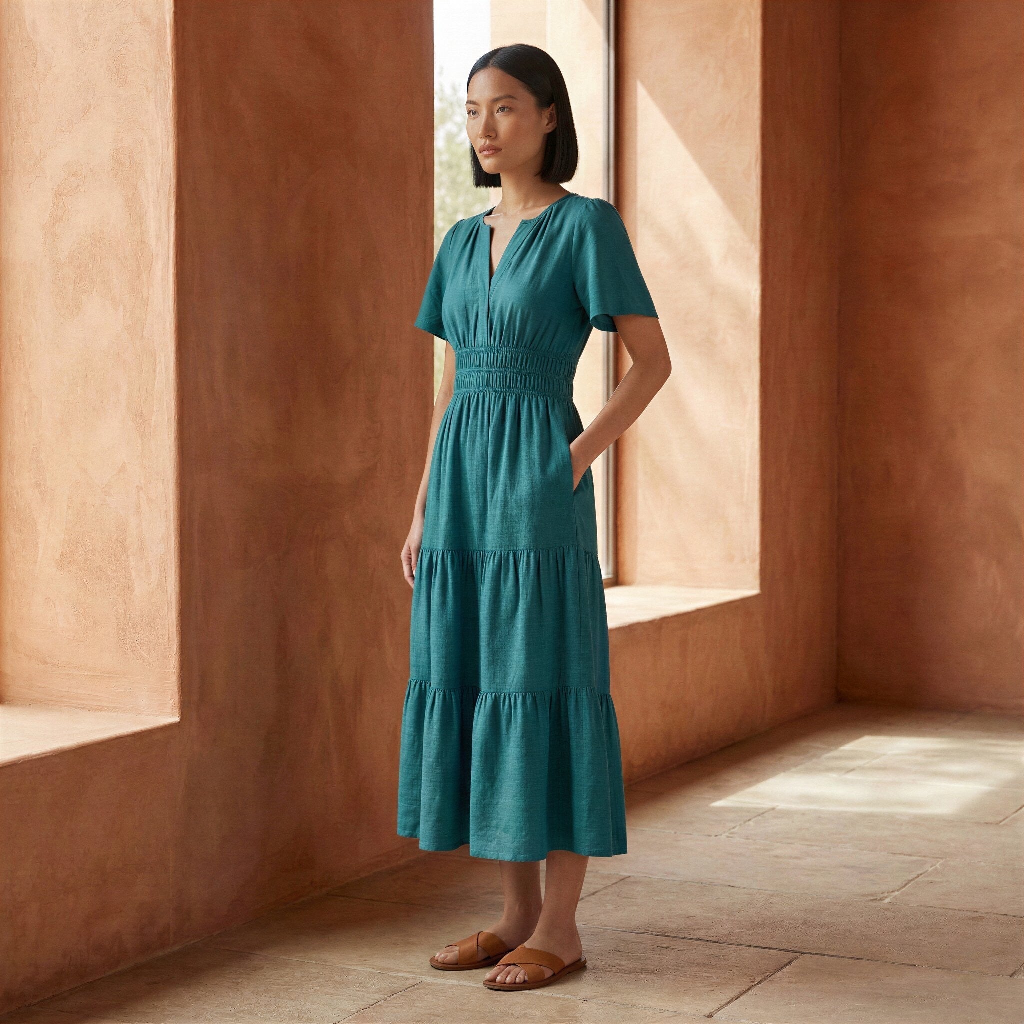 Pine Green Cotton Linen Flutter Sleeve Tie-Back Tiered Midi Dress