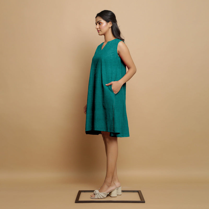 Pine Green Cotton Linen Hand Embroidered Knee-Length Godet Dress