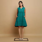 Pine Green Cotton Linen Hand Embroidered Knee-Length Godet Dress