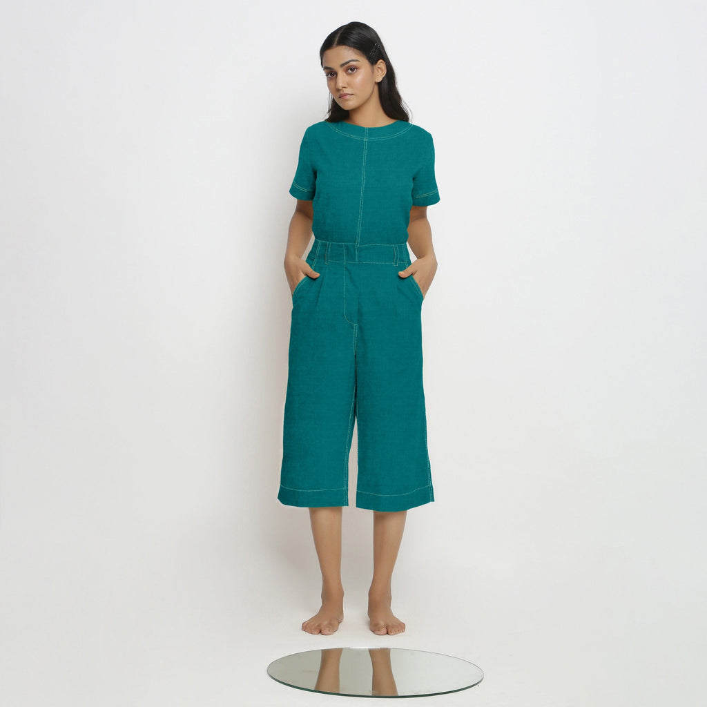 Pine Green Cotton Linen Mid-Rise Culottes