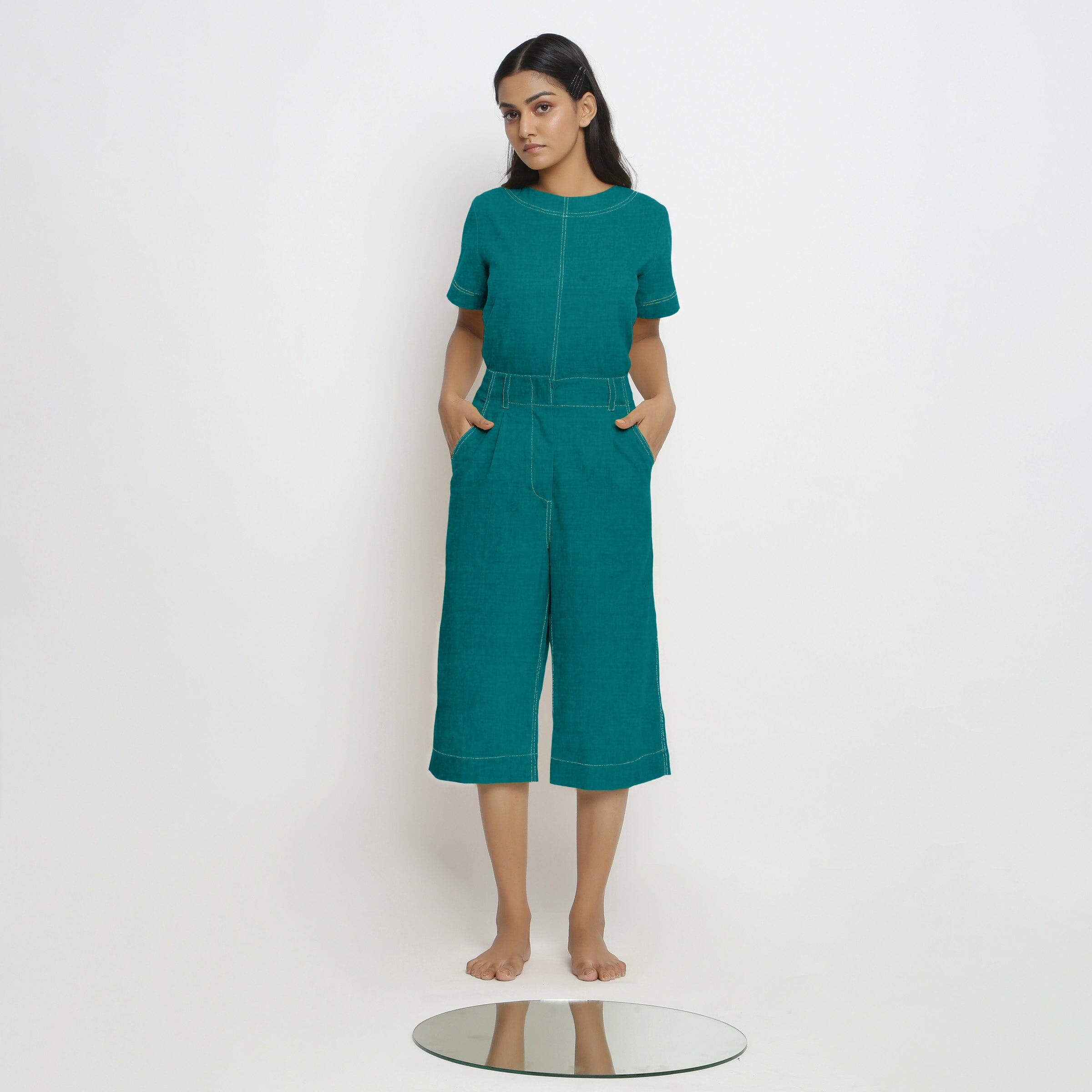 Pine Green Cotton Linen Mid-Rise Culottes