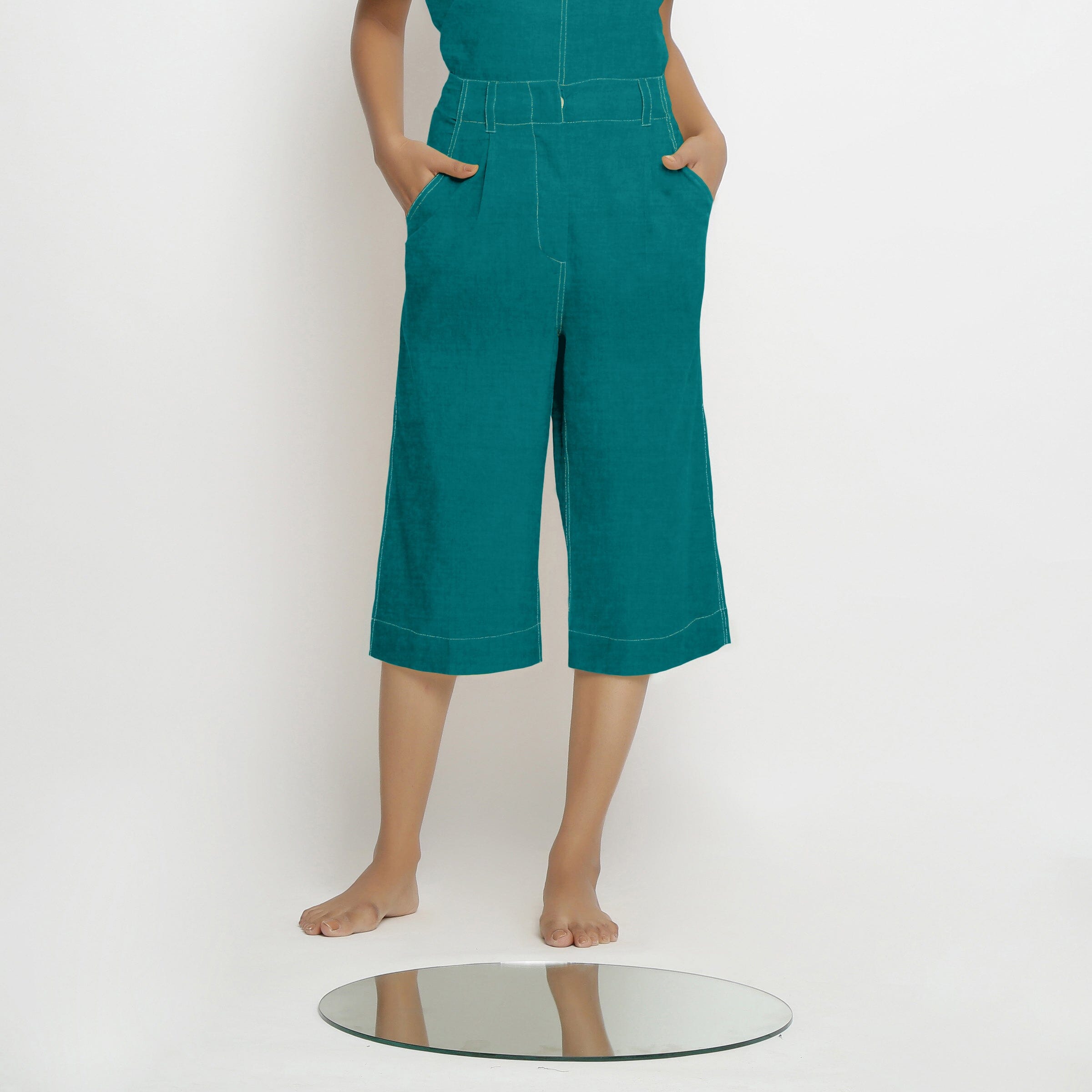 Pine Green Cotton Linen Mid-Rise Culottes