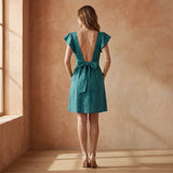 Pine Green Cotton Linen Open-Back Fit and Flare Knee Length Dress