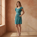 Pine Green Cotton Linen Open-Back Fit and Flare Knee Length Dress
