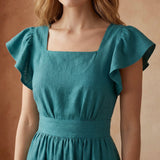 Pine Green Cotton Linen Open-Back Fit and Flare Knee Length Dress