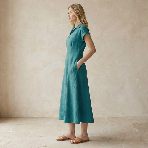 Pine Green Cotton Linen Paneled A-Line Midi Dress