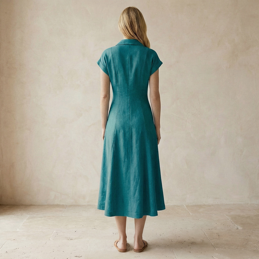Pine Green Cotton Linen Paneled A-Line Midi Dress