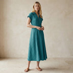 Pine Green Cotton Linen Paneled A-Line Midi Dress