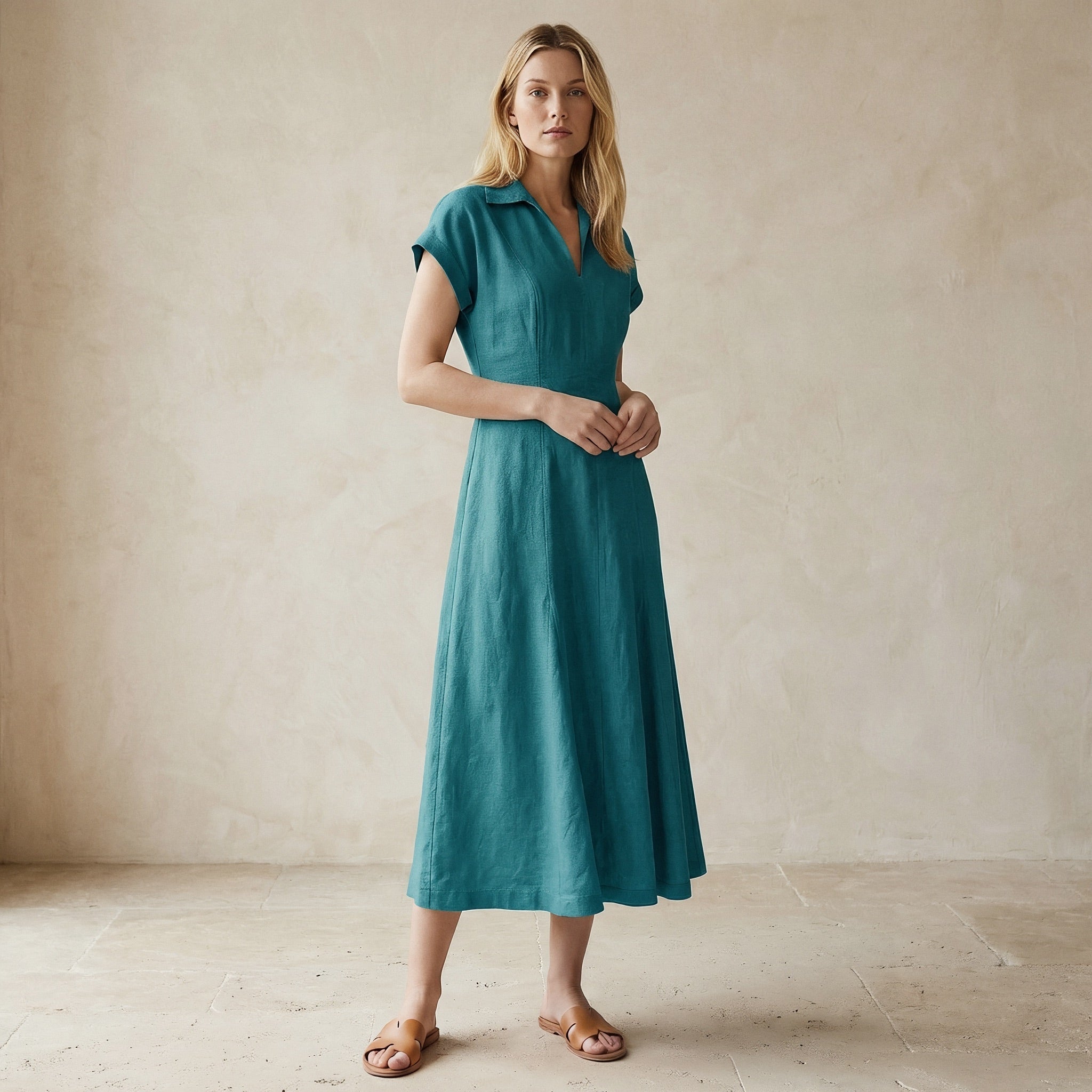 Pine Green Cotton Linen Paneled A-Line Midi Dress