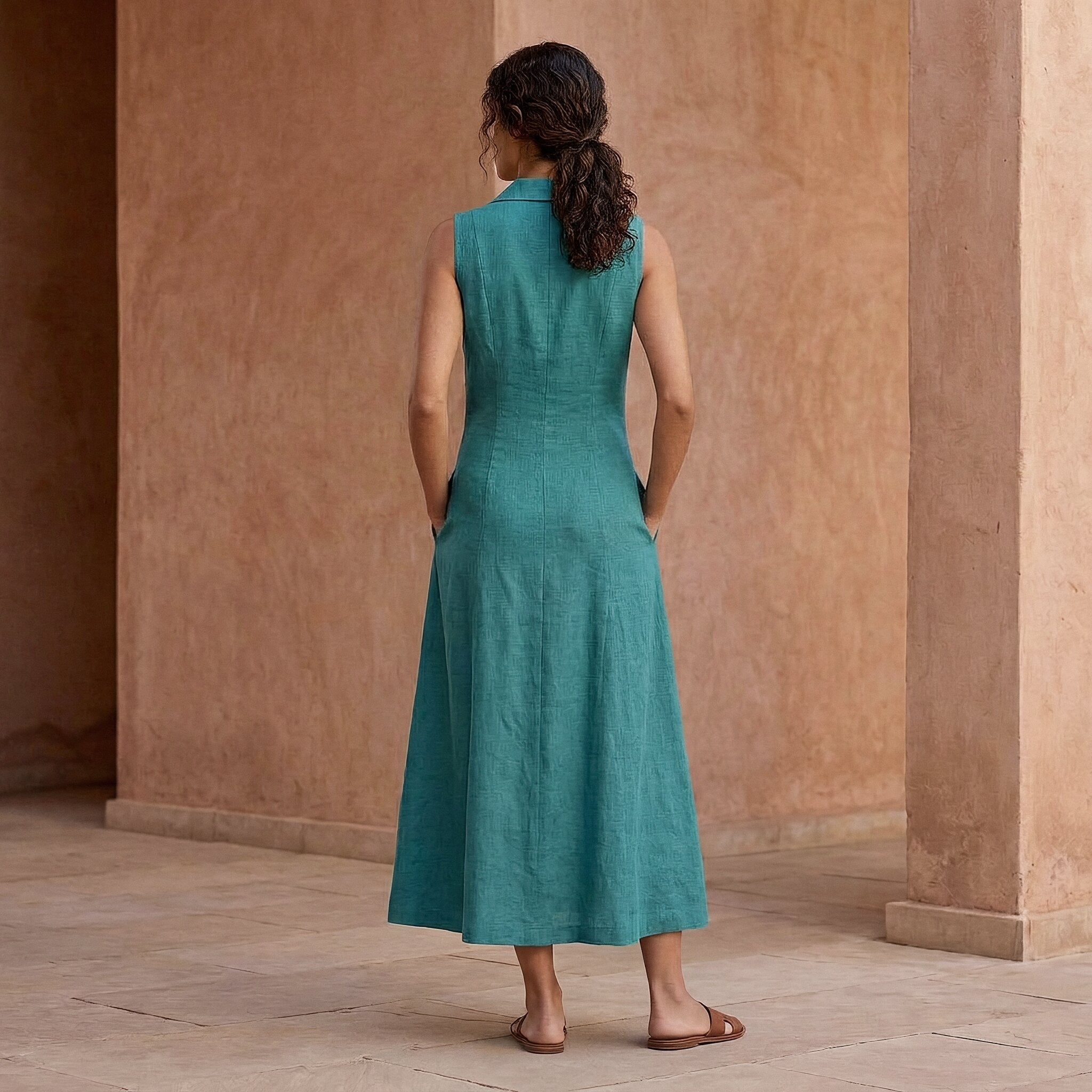 Pine Green Cotton Linen Paneled Sleeveless Maxi Dress