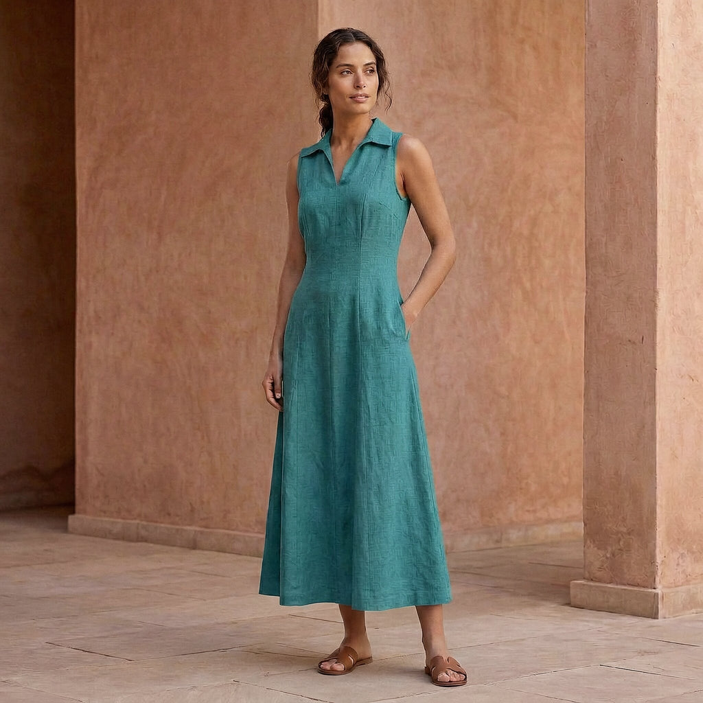 Pine Green Cotton Linen Paneled Sleeveless Maxi Dress