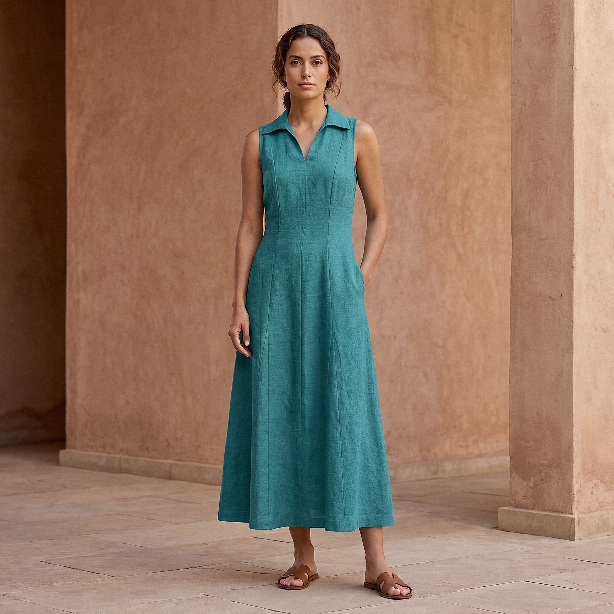 Pine Green Cotton Linen Paneled Sleeveless Maxi Dress