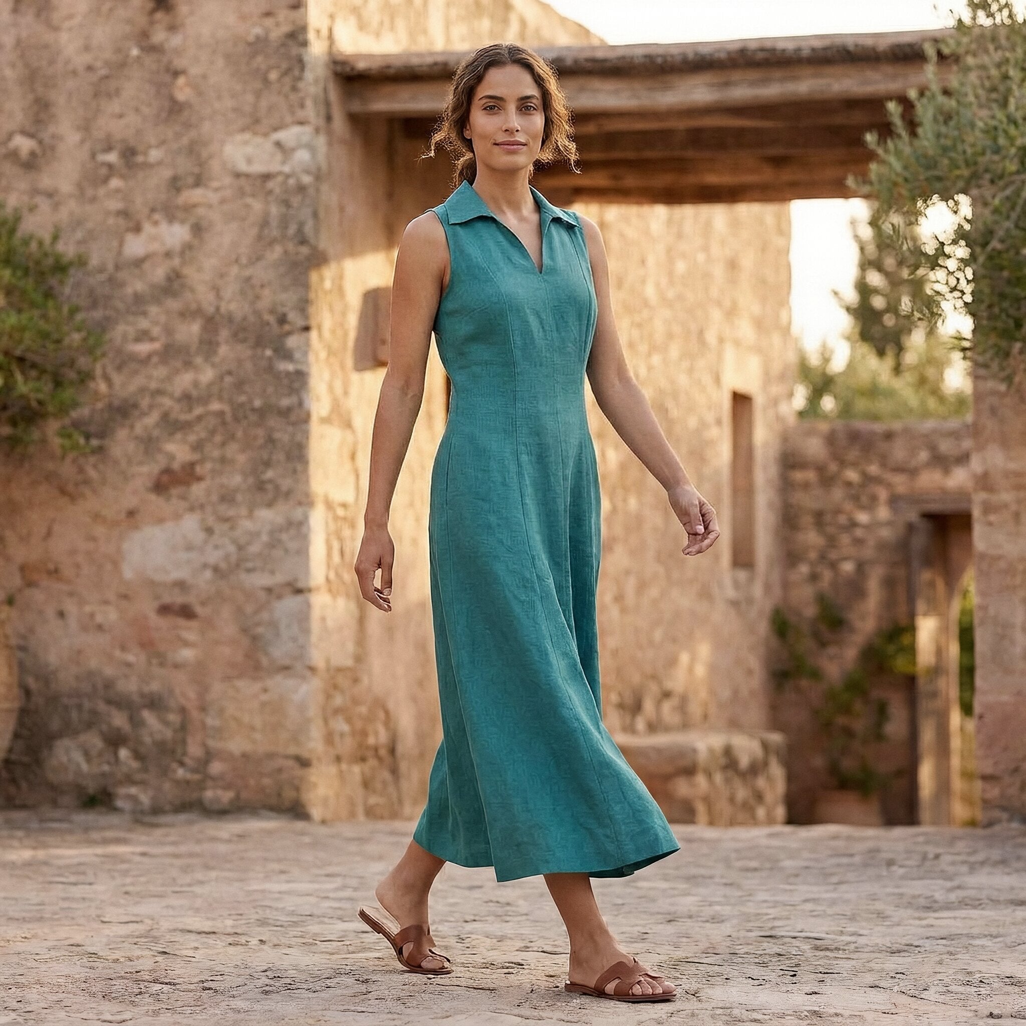 Pine Green Cotton Linen Paneled Sleeveless Maxi Dress