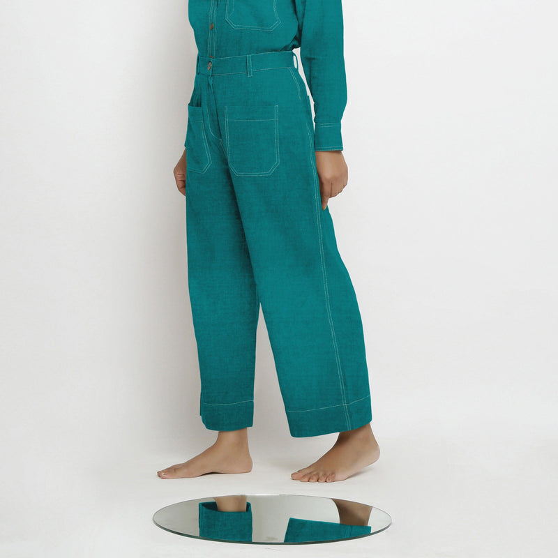 Pine Green Cotton Linen Patch Pocket Wide Legged Pant