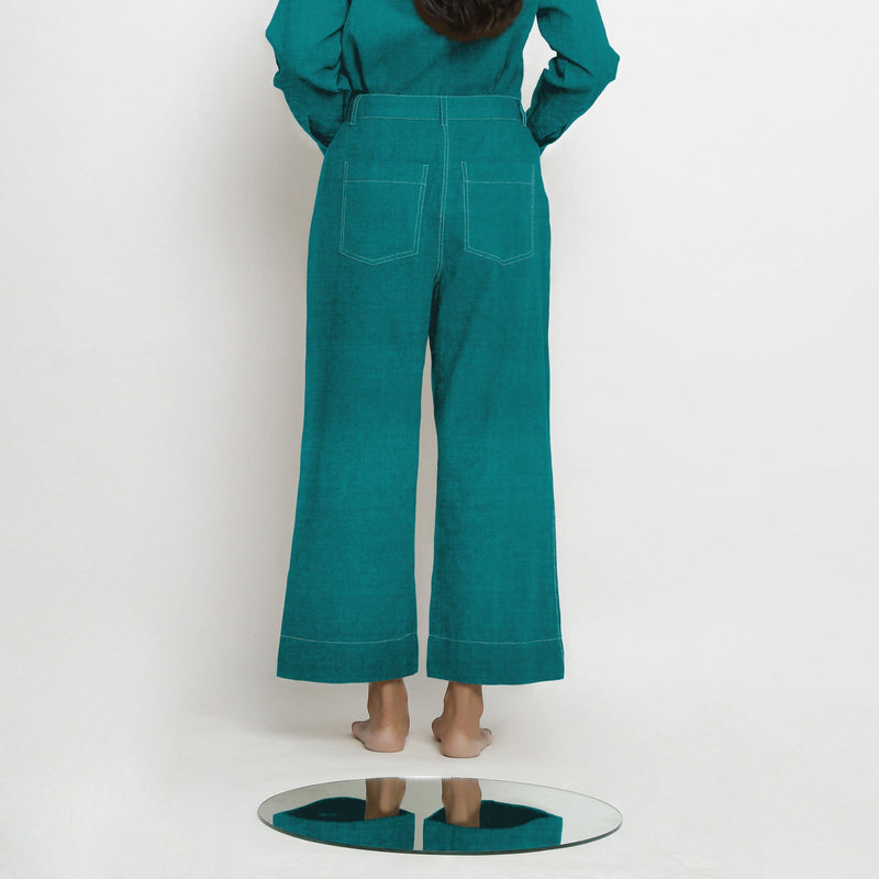 Pine Green Cotton Linen Patch Pocket Wide Legged Pant