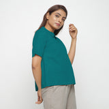 Pine Green Cotton Linen Peter Pan Collar Half Sleeve Top