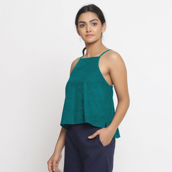 Pine Green Cotton Linen Relaxed Fit Spaghetti Top