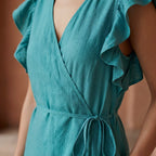 Pine Green Cotton Linen Ruffle Midi Wrap Dress