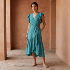 Pine Green Cotton Linen Ruffle Midi Wrap Dress