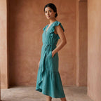 Pine Green Cotton Linen Ruffle Midi Wrap Dress